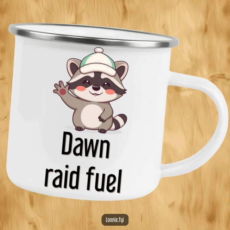 Funny camping mug featuring a laughing raccoon in a cap waving hello, ready for outdoor adventures and warm beverages.