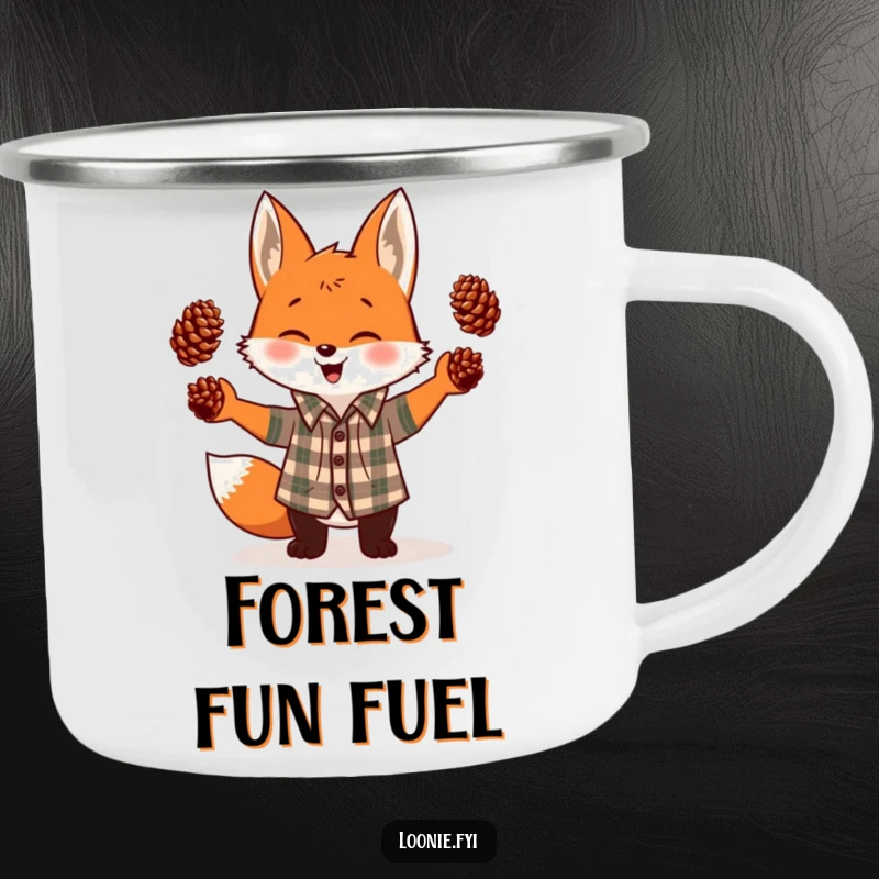 Funny camping mug featuring a giggling fox in a plaid shirt, juggling three pinecones, perfect for outdoor humor and warm drinks.