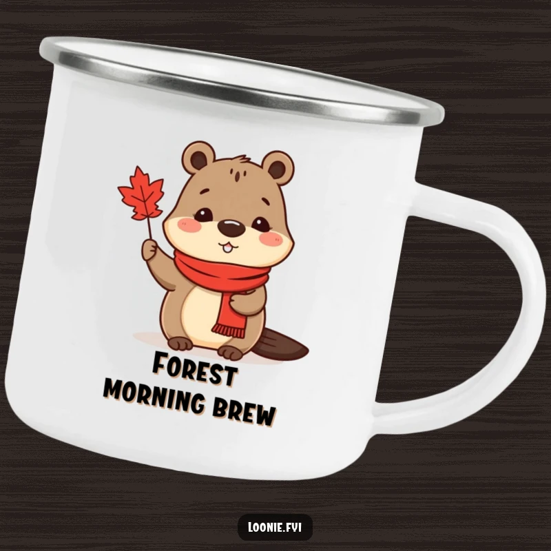 Funny Camping Mug: A cute beaver in a red scarf waves a maple leaf, perfect for outdoor enjoyment.