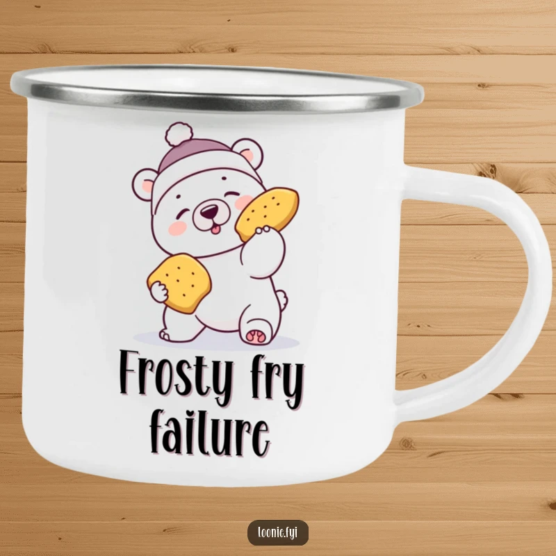 Funny camping mug showing a polar bear in a toque failing to catch flying poutine, for outdoor enthusiasts.