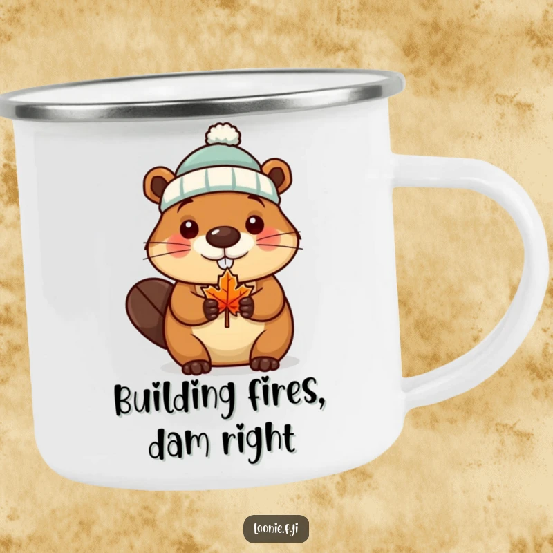 Funny Camping Mug showing a beaver wearing a tiny toque and holding a maple leaf, perfect for humorous Canadian adventurers.