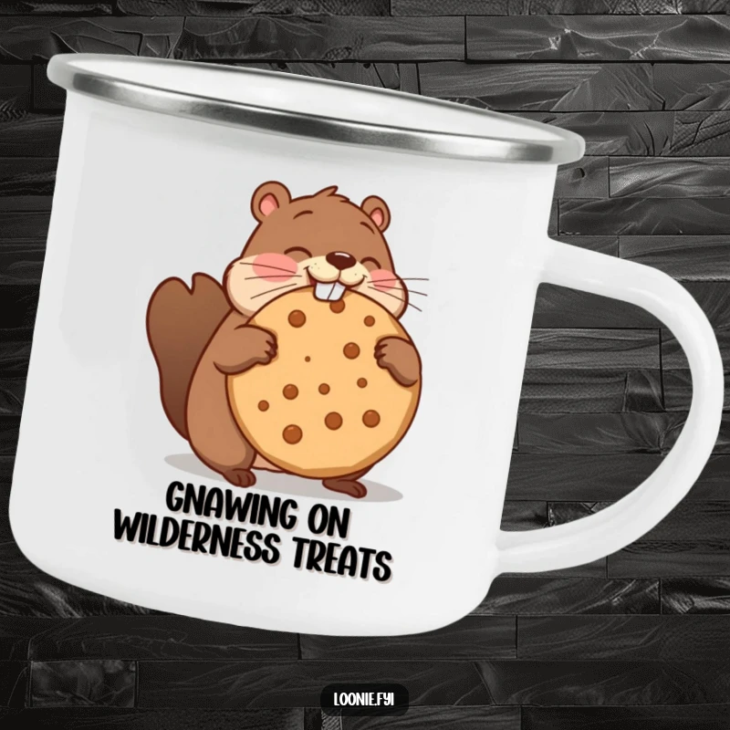 Funny camping mug featuring a beaver comically trying to chomp an oversized maple cookie, perfect for outdoor humor.