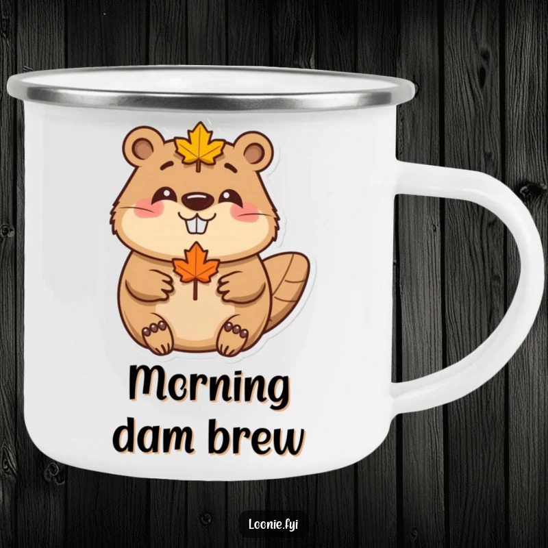 Funny Beaver Maple Leaf Camping Mug: A happy beaver wearing a maple leaf smiles, ideal for outdoor brews, a robust funny gift.