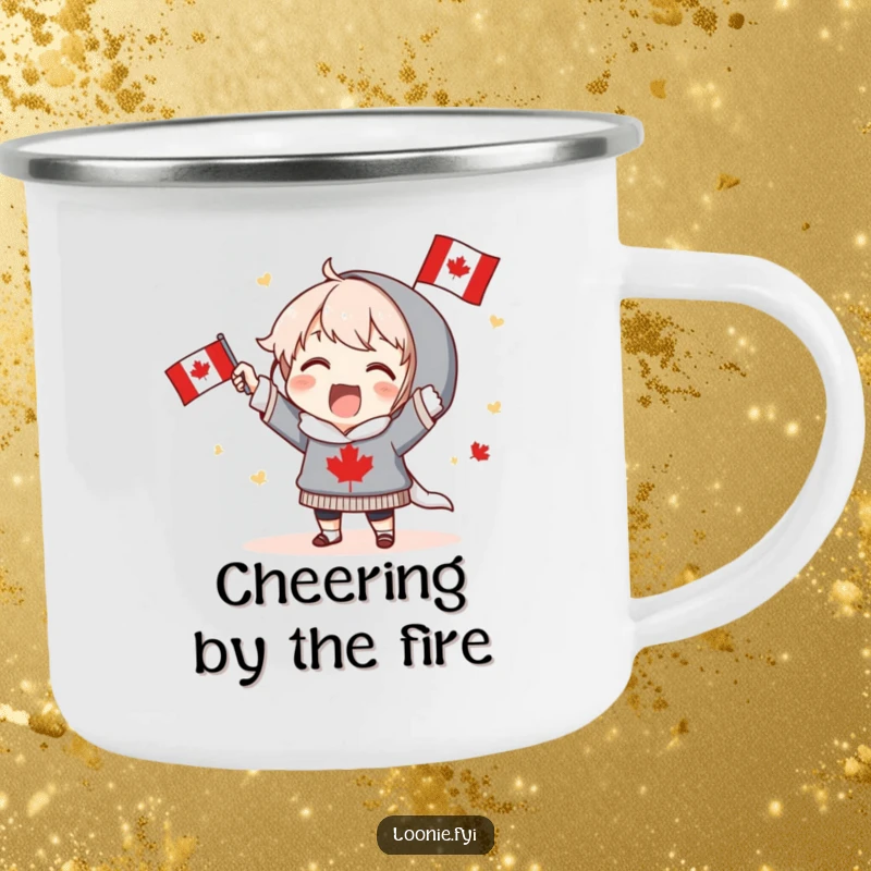 Funny Camping Mug: Excited character proudly holds a Canadian flag and cheers, ideal for outdoor enthusiasts seeking patriotic and humorous gear. Great funny gift.