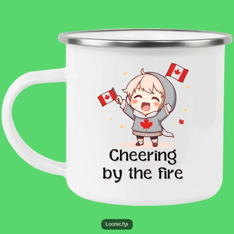 Funny Canadian Cheer Camping Mug: Excited Character's Outdoor Patriotism - Adventure Gift