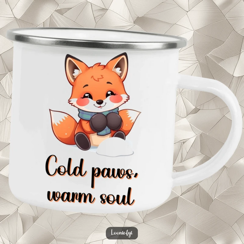 Funny fox wearing mittens on this durable camping mug, ready for snowy adventures and warm drinks.