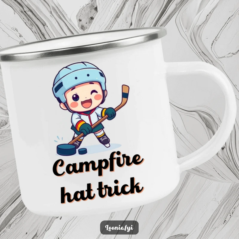 Funny camping mug showing a jubilant character playing hockey with a puck, perfect for outdoor enthusiasts.