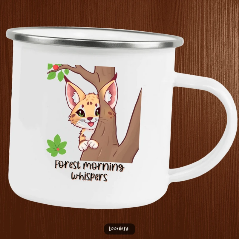 Funny camping mug featuring a happy lynx with large ears, peeking from behind a tree, ideal for enjoying drinks during outdoor adventures.