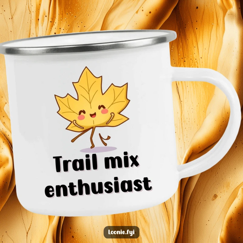 Funny camping mug featuring a playful maple leaf character dancing joyfully amidst outdoor scenery.