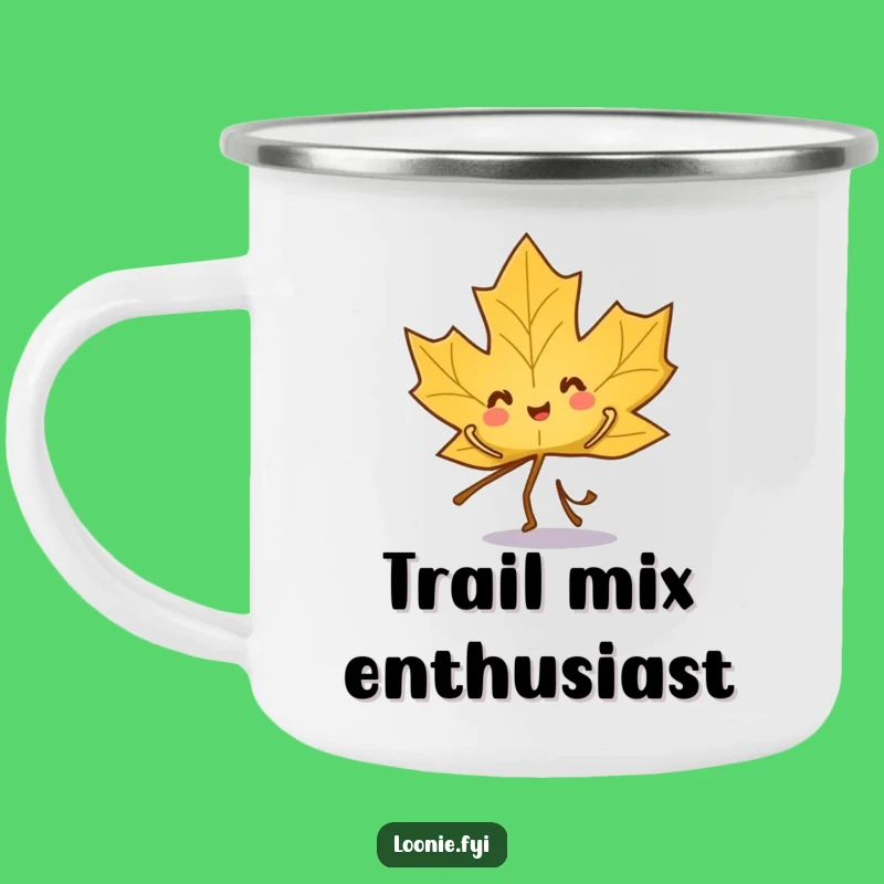 Funny Maple Leaf Camping Mug: Playful Character's Dance Adventures