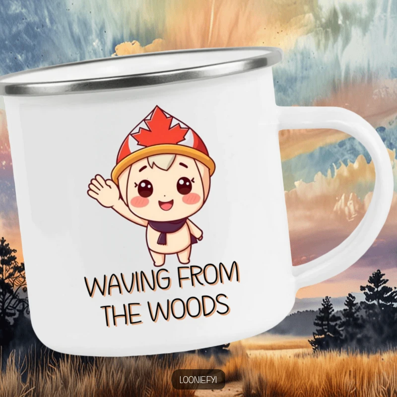 Funny Camping Mug: Cheerful character in a maple leaf hat gives a happy wave, ideal for outdoor enthusiasts seeking a friendly and humorous companion. Great funny gift.