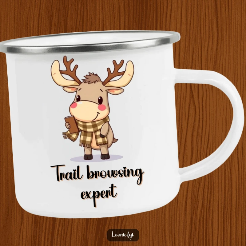 Funny Camping Mug: A delighted moose with antlers wears a checkered scarf, perfect for outdoor excursions.