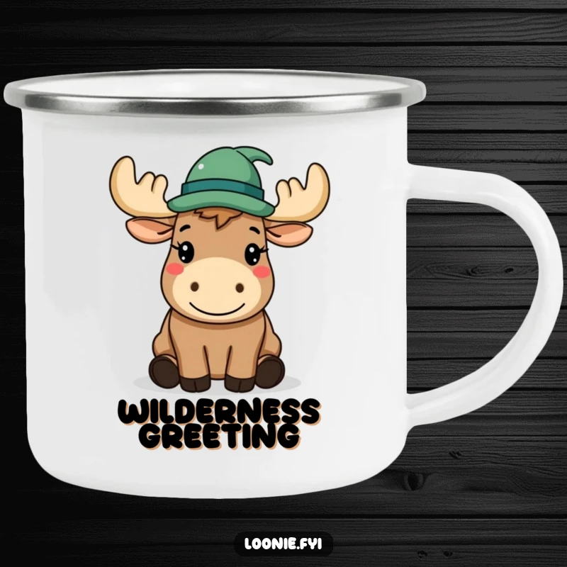 Funny Camping Mug: A happy moose wearing a hat politely tips it, perfect for outdoor enjoyment.