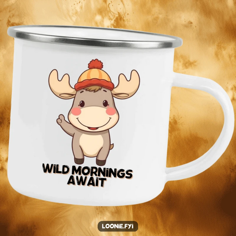 Funny Moose Camping Mug: Cheerful moose in a toque, smiling and waving, sturdy mug for outdoor use.