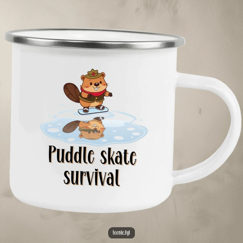 Funny Mountie Beaver Camping Mug with a beaver in a Mountie outfit comically skating on maple syrup, designed for durability and outdoor fun.
