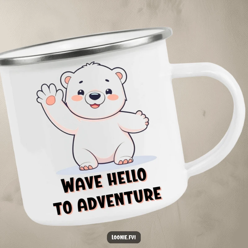 Funny Polar Bear Cub Camping Mug: A durable camping mug with a happy polar bear cub waving, perfect for a funny gift.