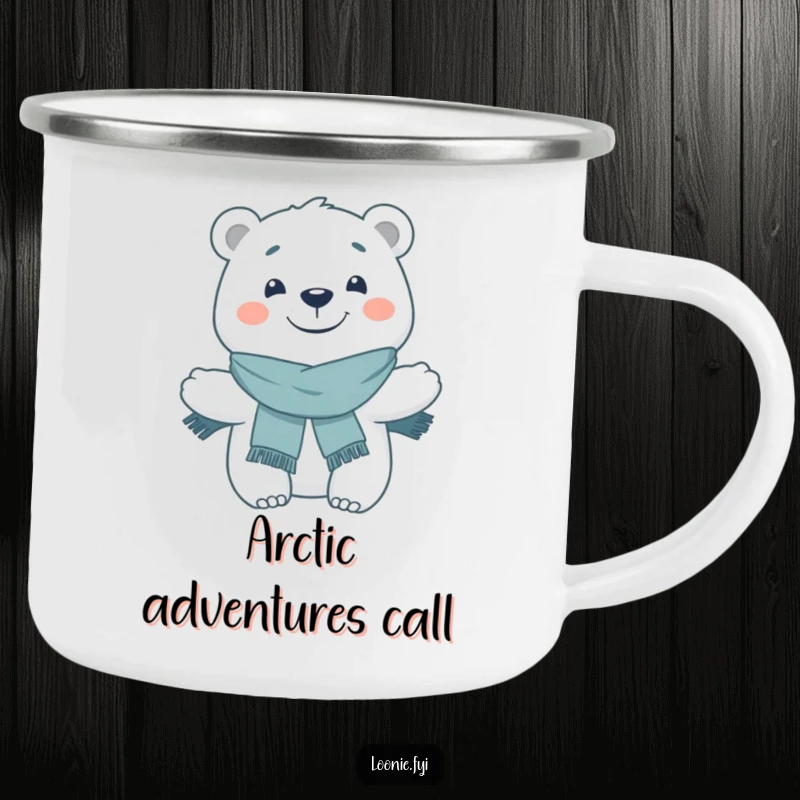 Funny Camping Mug: A smiling polar bear wearing a scarf is featured, designed for outdoor enjoyment and a dose of winter fun.