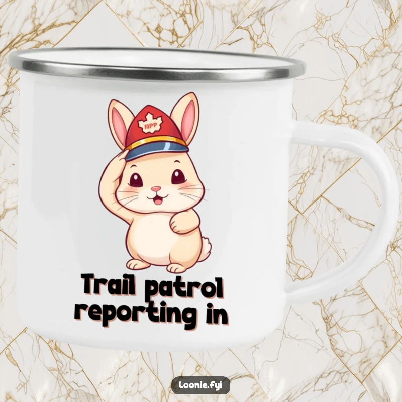Funny camping mug with a rabbit in a tiny RCMP hat saluting, a charming and humorous piece of outdoor gear.