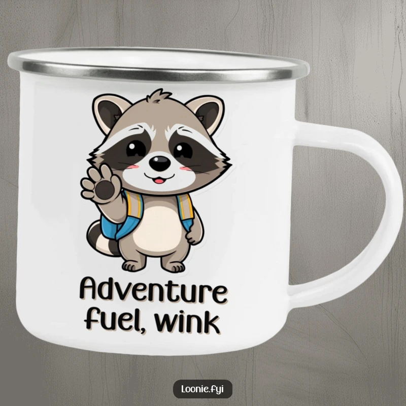 Funny camping mug featuring a cheerful raccoon with a backpack, winking with its paw, perfect for outdoor adventures with a humorous touch.
