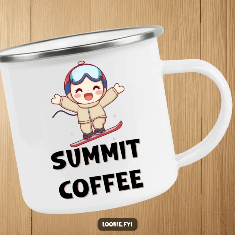 Funny enamel camping mug with a smiling character in a triumphant ski jump, designed for adventure and warmth.