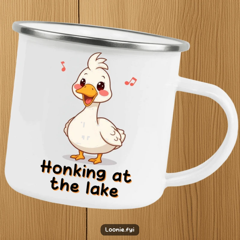 Funny camping mug showing a Canadian goose with a funny expression, honking a happy tune during an outdoor adventure.