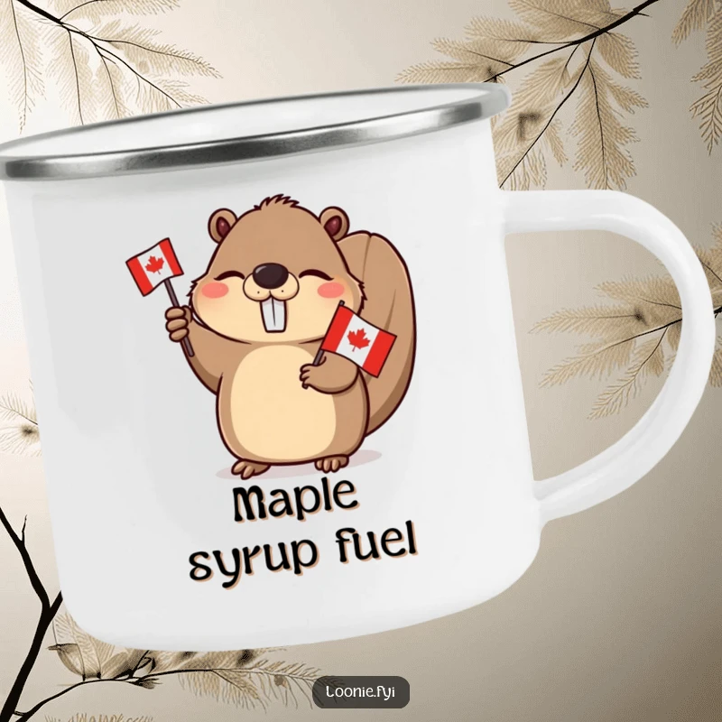 Funny Beaver Camping Mug: A winking beaver waving a Canadian flag, ready for outdoor brews, bringing national pride to camping.