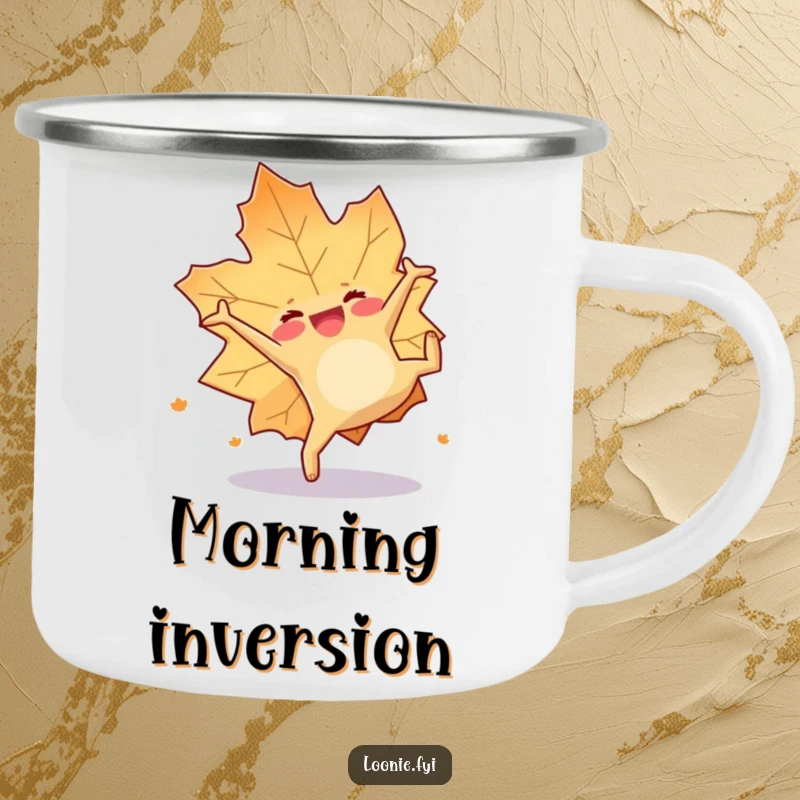 Funny camping mug featuring a happy maple leaf doing a cheerful somersault, perfect for enjoying drinks outdoors.
