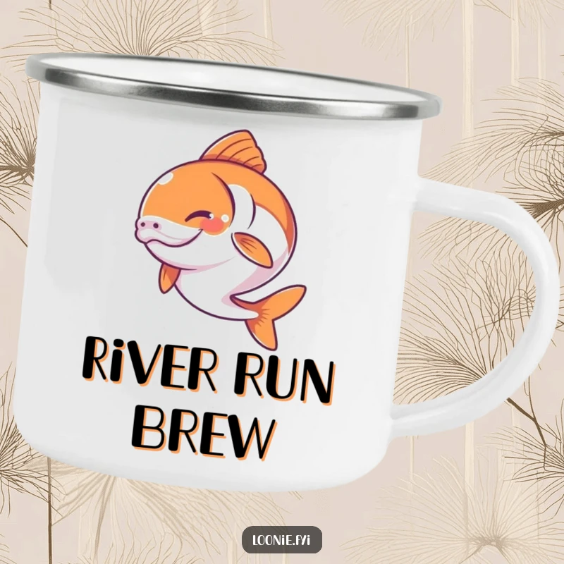 Funny camping mug featuring a happy, determined salmon leaping, ideal for outdoor adventures and fishing trips.