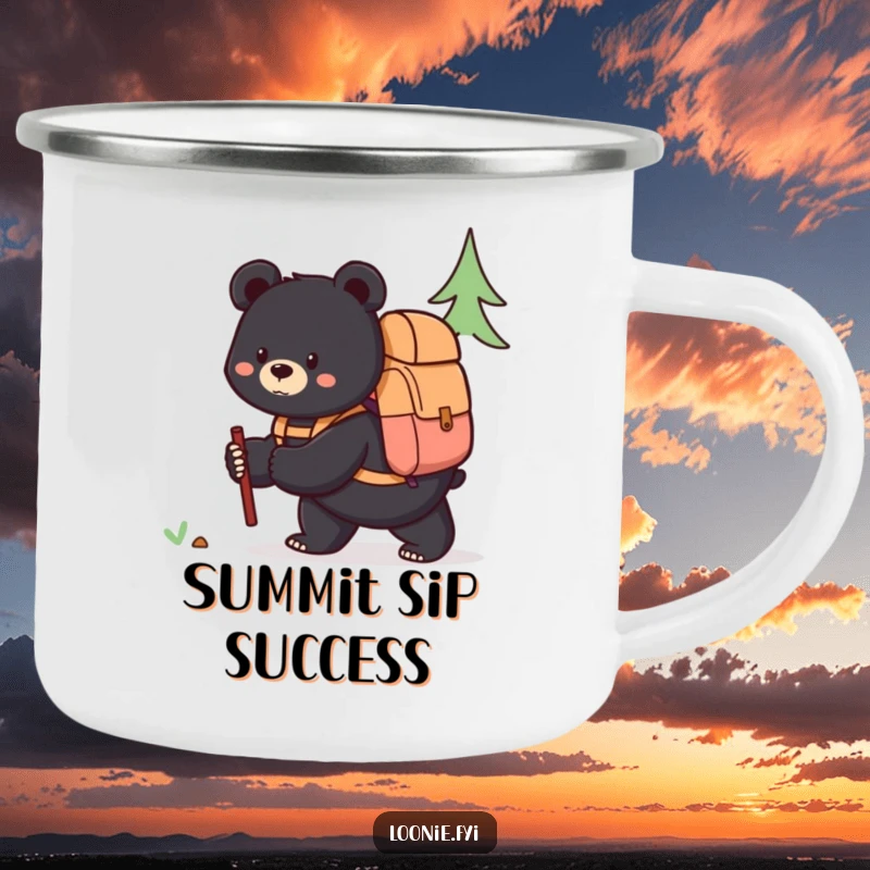 Funny camping mug featuring a content black bear with a backpack, ready for outdoor exploration and enjoying beverages.