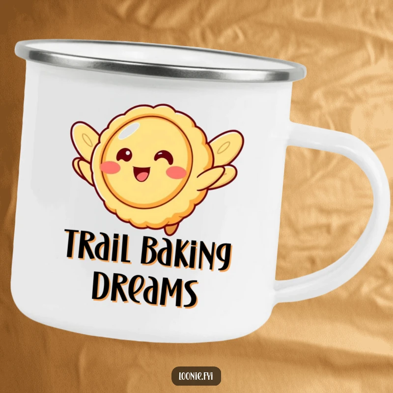 Funny butter tart character with cookie wings, attempting flight, a durable camping mug for sweet adventures.