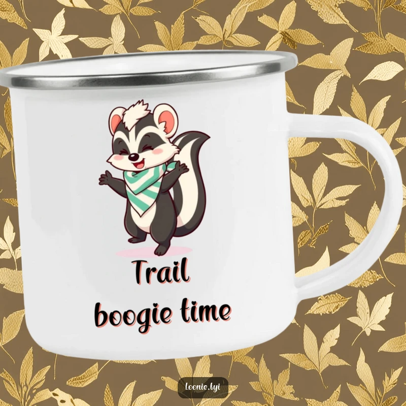 Funny camping mug featuring a skunk in a bandana doing a happy dance, ideal for enjoying drinks during outdoor adventures.
