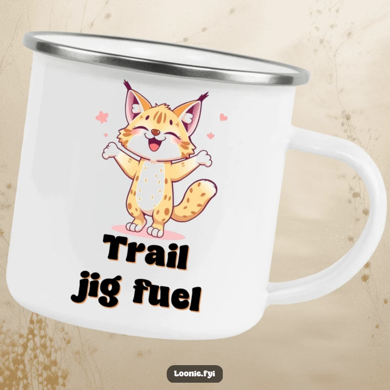 Funny camping mug featuring a joyful lynx doing a happy jig, perfect for enjoying drinks during outdoor adventures.