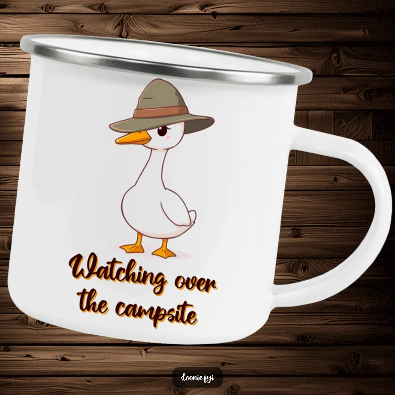 Funny camping mug with a goose ranger standing guard, perfect for outdoor use, adding a humorous and watchful vibe to your beverage.