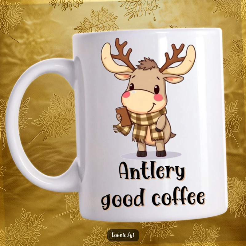 Funny Mug: A delighted moose with impressive antlers, wearing a checkered scarf, is happily browsing.