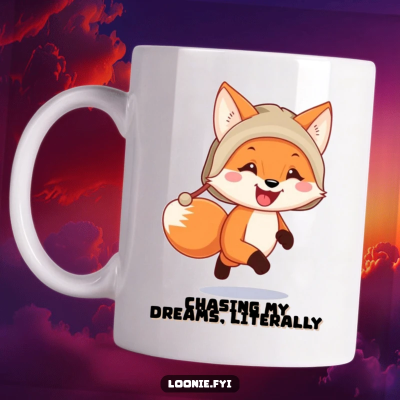 Funny happy fox wearing a trapper hat running with a joyful expression, perfect for coffee lovers seeking a fun gift.