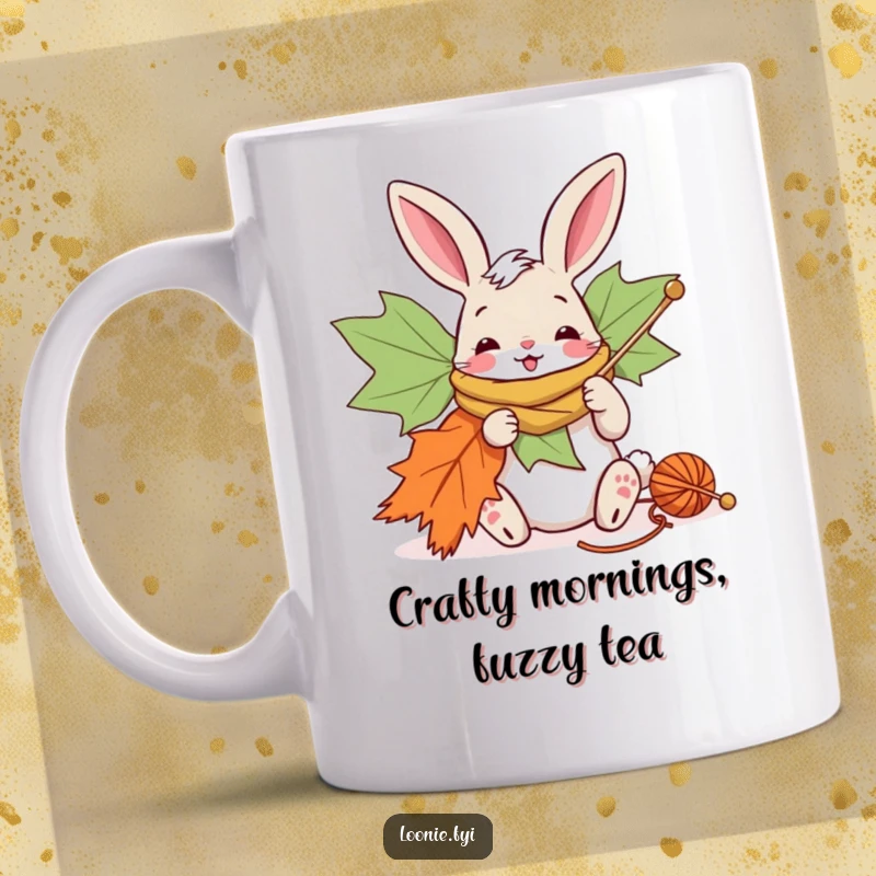 Funny bunny mug with oversized needles, cheerfully knitting a giant maple leaf scarf, celebrating Canadian craft.