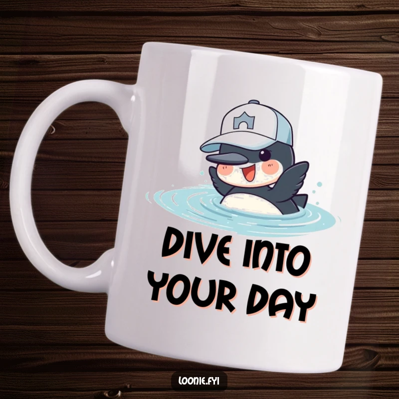 Funny Mug: A cheerful loon wearing a baseball cap joyfully dives into the water with excitement.
