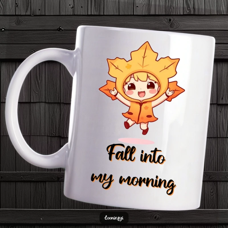 Funny mug showcasing a maple leaf character in a costume, joyfully hopping with excitement, bringing seasonal cheer and humor.