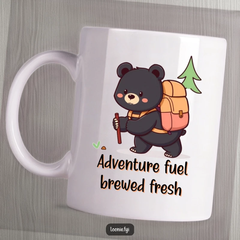 Funny mug featuring a content black bear wearing a backpack, happily exploring its surroundings with a peaceful demeanor.