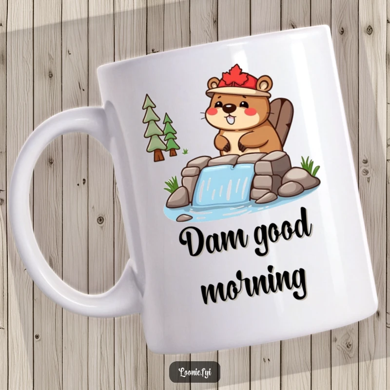 Funny Mug: A happy beaver in a tiny maple leaf hat diligently builds a small dam with enthusiasm.