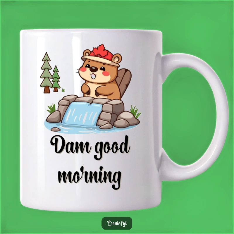 Funny Beaver Dam Builder Mug - Happy Character, Maple Leaf Hat, Unique Gift