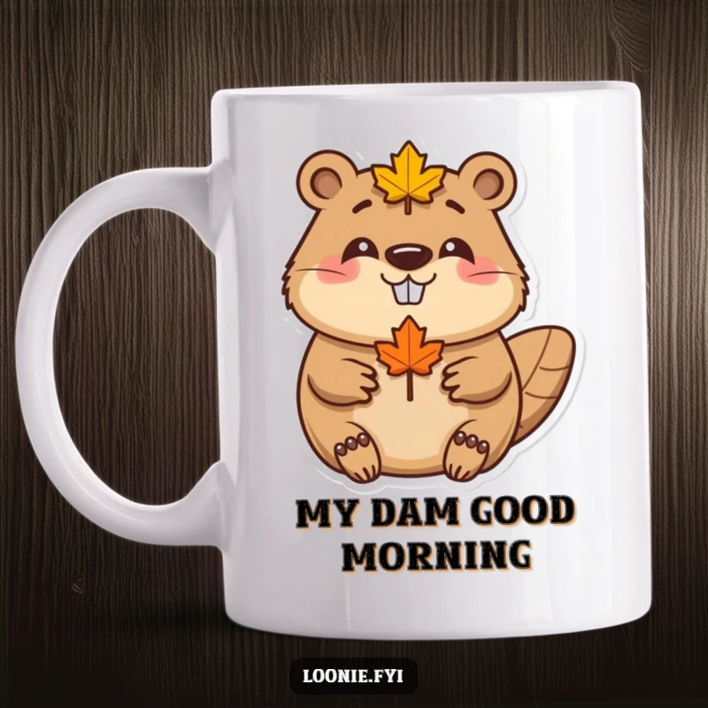 Funny Beaver Maple Leaf Mug: A happy beaver wearing a maple leaf smiles, showcasing Canadian pride, a perfect funny gift.
