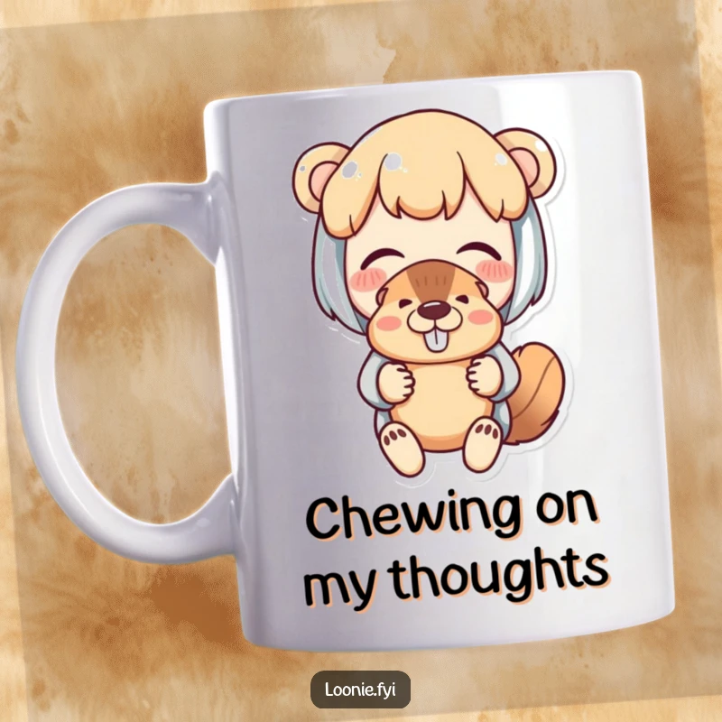 Funny mug showing a delighted character holding a small beaver puppet with fond amusement; great for collectors.