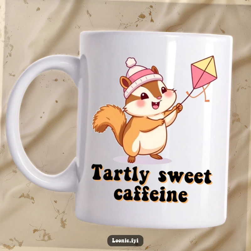 Funny Chipmunk Mug: A cheerful chipmunk in a toque flies a butter tart kite, embodying pure, happy fun.