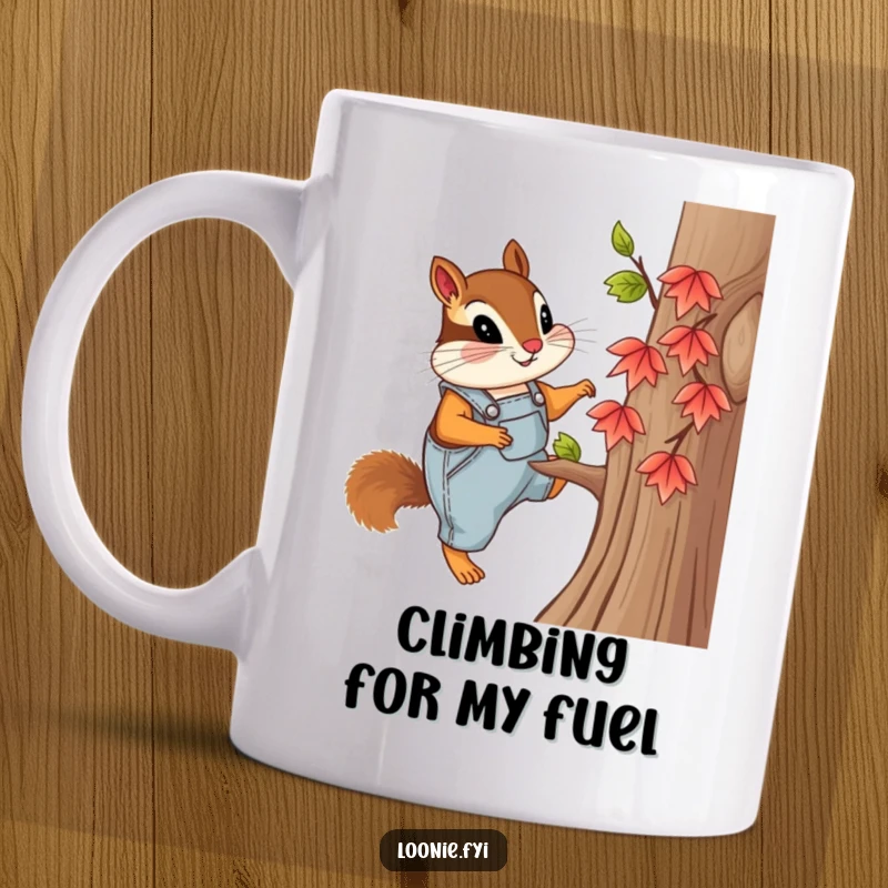 Funny mug featuring a curious chipmunk in overalls, climbing a tiny maple tree with enthusiasm, conveying a sense of adventure.