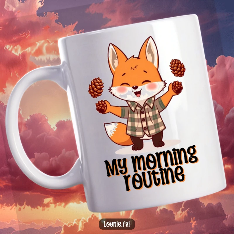 Funny mug featuring a giggling fox in a plaid shirt, enthusiastically juggling three pinecones, a delightful and humorous scene.