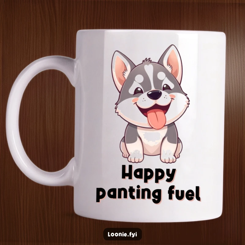 Funny mug featuring a small, happy husky dog eagerly panting with a wide, infectious grin, showcasing pure joy.