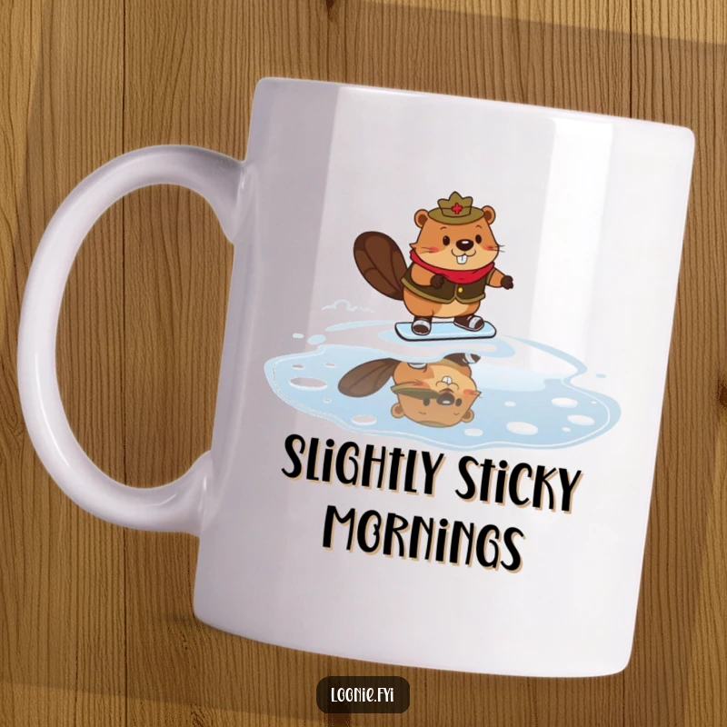 Funny Mountie Beaver Mug showing a beaver in a Mountie uniform comically trying to ice skate on maple syrup.