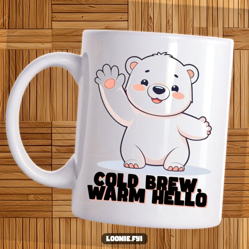 Funny Polar Bear Cub Mug: A cute polar bear cub with a frosty look, waving happily, perfect for a funny gift.