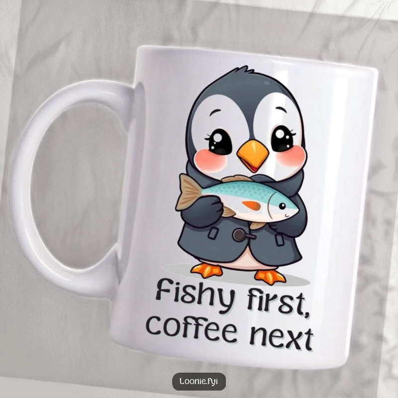 Funny mug featuring a delighted puffin in a tiny coat, proudly holding a freshly caught fish with a happy expression.